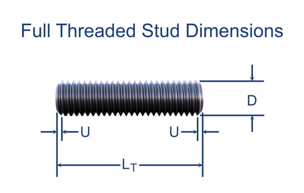 An orthographic dimensioning picture of a full threaded stud