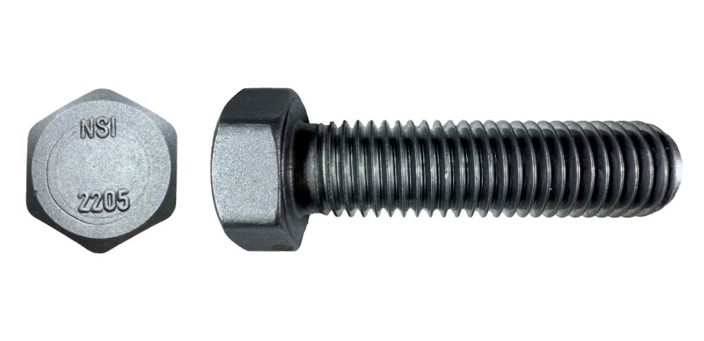 A orthographic picture of a hex head cap screw 2205 duplex material