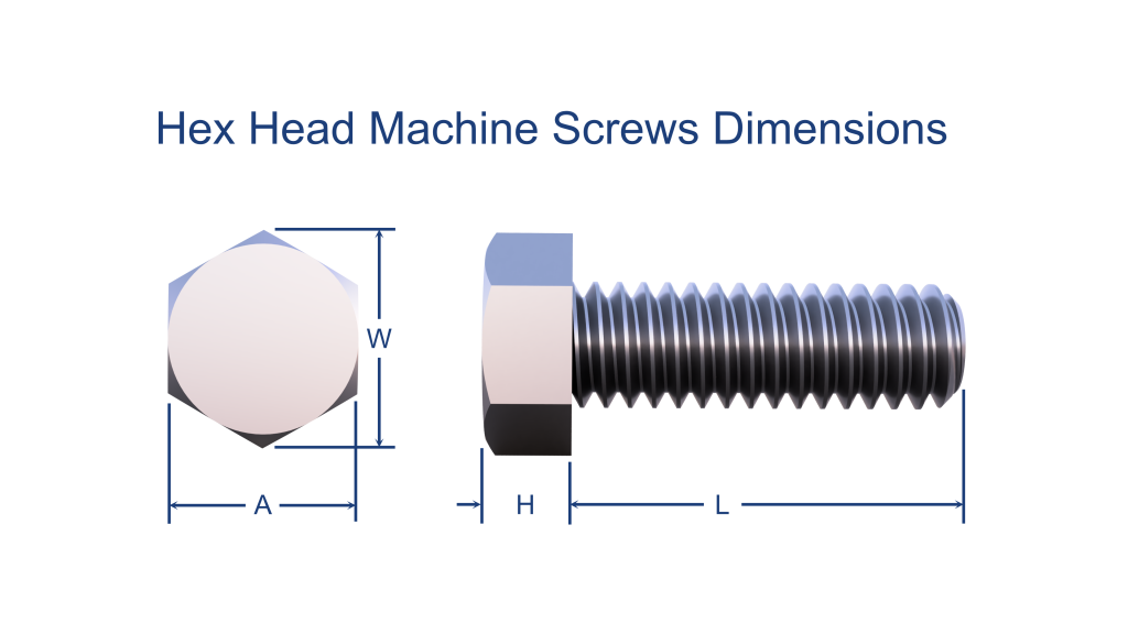 An orthographic dimensioning picture of a hex head machine screw