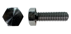 A orthographic picture of a hex head machine screw using nickel 200 material