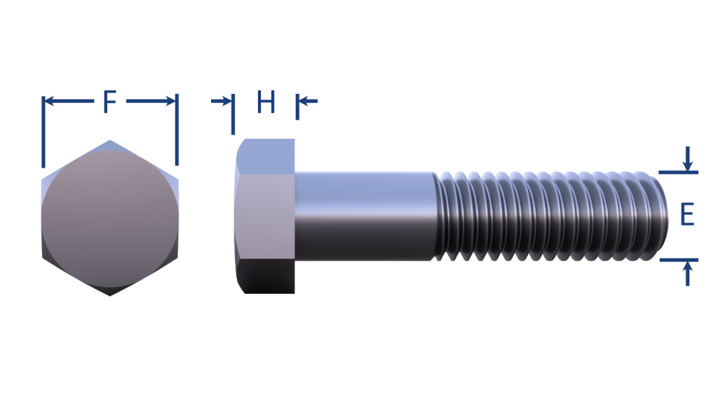 An orthographical dimensional picture of a hex head bolt